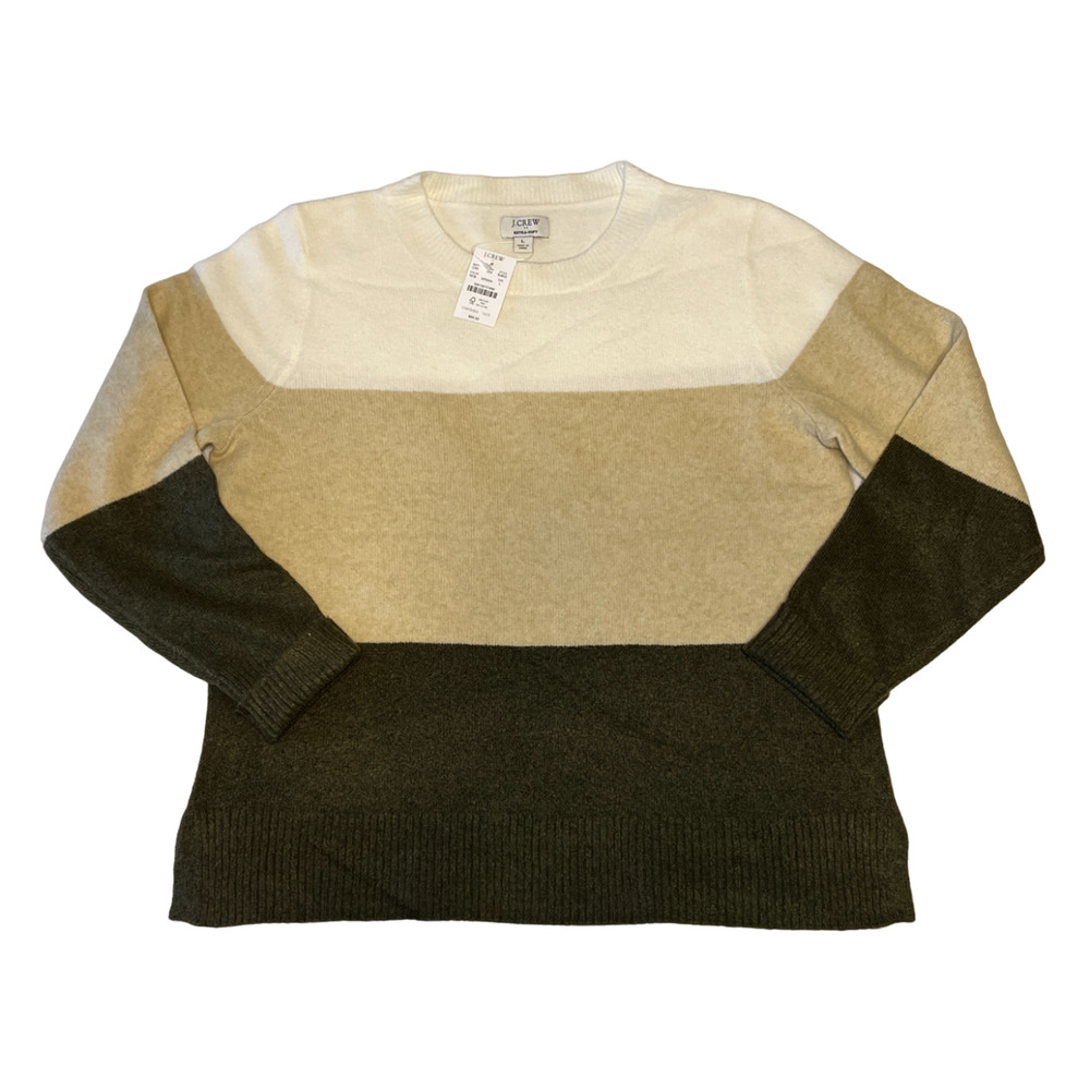 NWT J. Crew Ivory, Beige & Olive Green Colorblock Crewneck Soft Sweater
